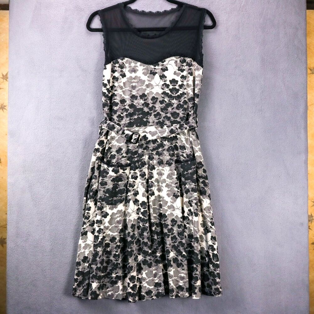 Effie's Heart Mesh Top Black and White Floral Dress Pima Cotton Pockets L